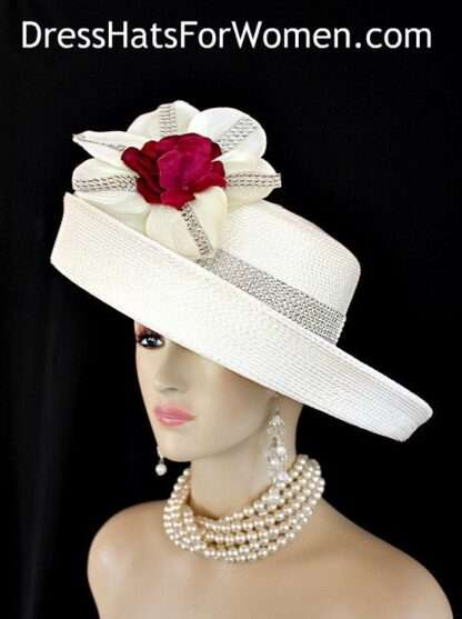 Kentucky Derby Hats, Ivory Fuchsia Wide Brim Straw Braid Rhinestone Church Wedding Special Occasion Hat, Women's Custom Millinery Formal