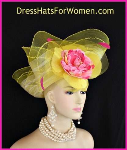 Kentucky Derby Hat, Women's Yellow Pink Couture Designer Church Wedding Fashion Hats Fl45 - Image 2