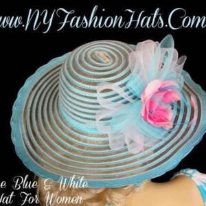 Designer Dress Hats For Women, Hats For Horse Races, Kentucky Derby Hat, Turquoise Blue White Pink Formal Hat, Church Hat, NYFashionHats