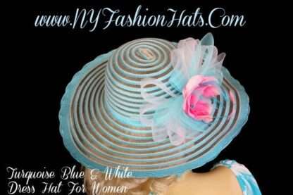 Designer Dress Hats For Women, Hats For Horse Races, Kentucky Derby Hat, Turquoise Blue White Pink Formal Hat, Church Hat, NYFashionHats