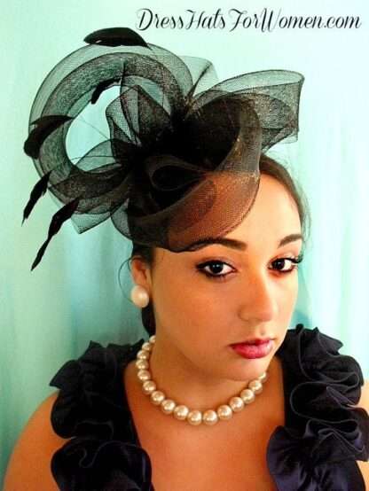 Women's Black Couture Wedding Fascinator Satin Hairband Cocktail Hat Bridal Headpiece, Mother Of The Bride Hats