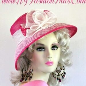 Kentucky Derby Hat, Hot Pink White Sinamay Straw Couture Designer Hat, Hats For Horse Races, Spring Summer Sun Hat Racing, NYFashionHats