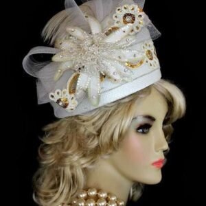 Women's White Gold Sequin Pearl Flower Pillbox Hat, Ny Fashion Hats