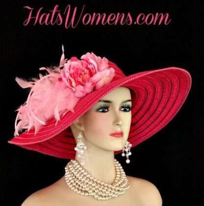 Ladies Hot Pink Wide Brim Church Wedding  Designer Fashion Hat Feathers Flower, Kentucky Derby Hats