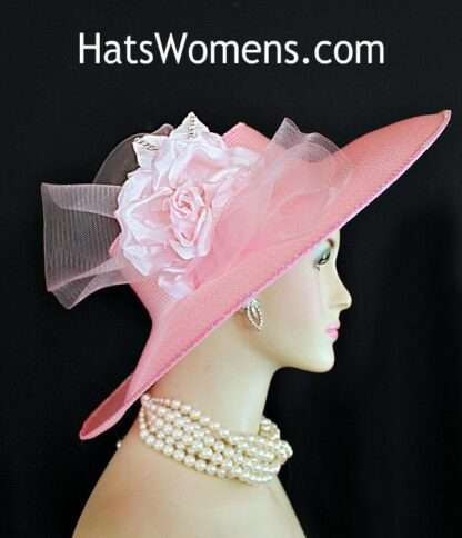 Pink Silver Women's Crownless Wide Brim Kentucky Derby Hat, Spring Designer Church Wedding Hats