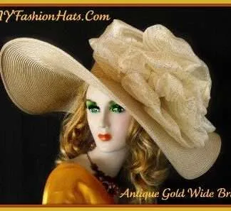 Haute Couture Antique Gold Luxury Statement Hat For Women, Formal Wedding Church Dress Hat, Hats For Horse Races, NYFashionHats Desire