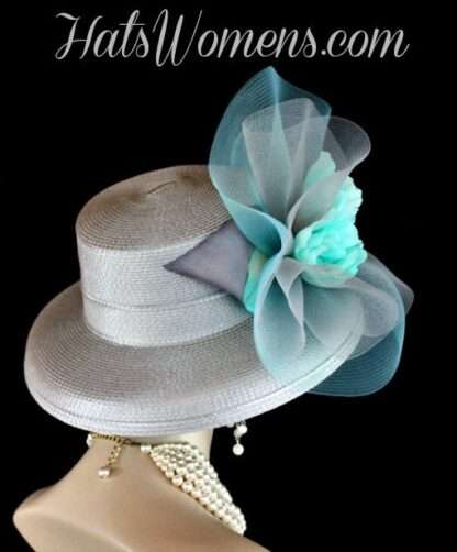 Ladies Silver Grey Aqua Turquoise Blue Designer Fashion Hat, Wedding Church Kentucky Derby Hats - Image 3