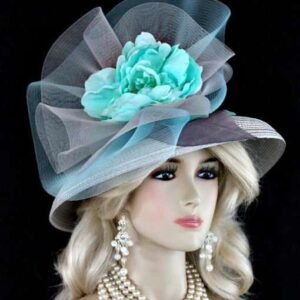 Ladies Silver Grey Aqua Turquoise Blue Designer Fashion Hat, Wedding Church Kentucky Derby Hats