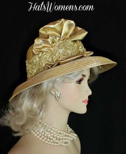 Antique Metallic Gold Satin Designer Fashion Women's Hat Church Wedding Formal Hats - Image 3