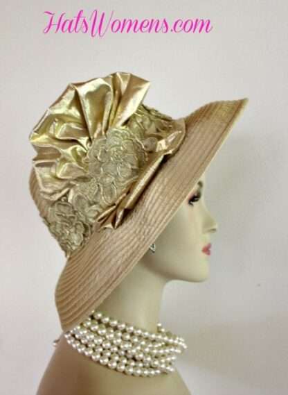 Antique Metallic Gold Satin Designer Fashion Women's Hat Church Wedding Formal Hats