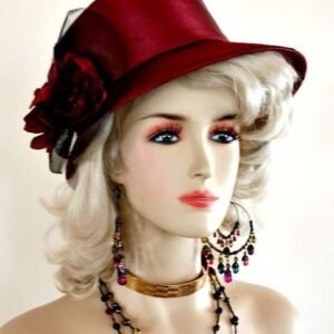 Women's Burgundy Wine Black Satin Formal Church Wedding Hats Winter Fall Spring Hats Fl8