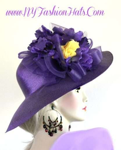 Haute Couture Purple Designer Luxury Statement Hat, Yellow Rose Of Texas, NYFashionHats, Hats For Horse Races, Formal Wedding Dress Hat - Image 2