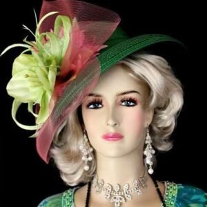 Women's Emerald Lime Green Pink Flower Derby Hat Designer Wedding Church Hats 2k81