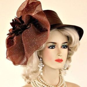 Haute Couture Luxury Big Bow Brown Satin Hat, Designer Hats For Women, Wedding Bridal Mother Of The Bride Hat, NY Fashion Hats Millinery