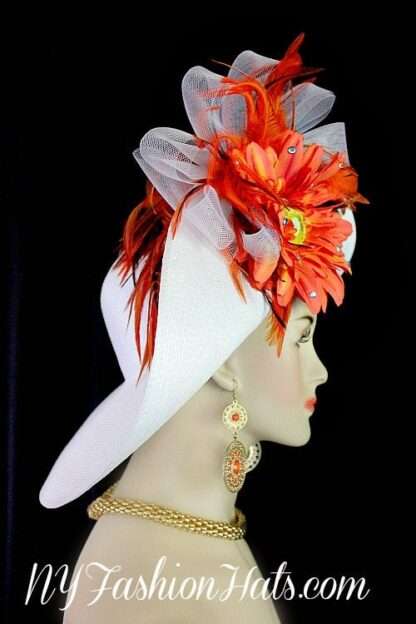 Ladies White Orange Special Occasion Designer Hat Women's Fashion Hats - Image 3