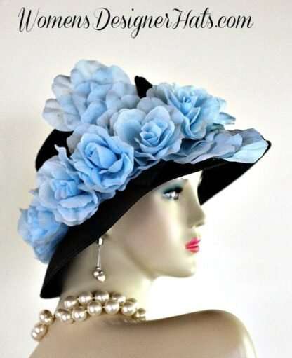 Luxury Designer Hat With Roses, Black Baby Blue Formal Dress Hat, Kentucky Derby Hats, Royal Ascot Hats, Hats For Horse Races, Church Hat