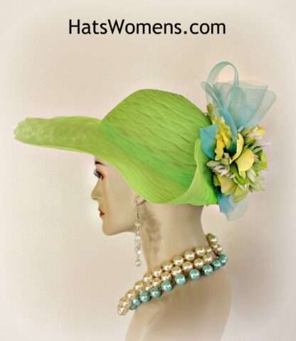 Haute Couture Designer Fashion Hat, Women's Formal Wedding Hat Lime Green Yellow Aqua Blue Lift Up Brim, QAN898 - Image 6