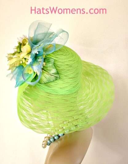 Haute Couture Designer Fashion Hat, Women's Formal Wedding Hat Lime Green Yellow Aqua Blue Lift Up Brim, QAN898 - Image 5