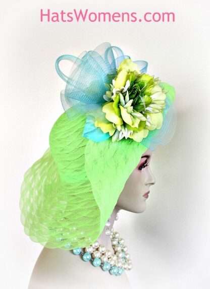 Haute Couture Designer Fashion Hat, Women's Formal Wedding Hat Lime Green Yellow Aqua Blue Lift Up Brim, QAN898 - Image 2