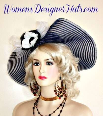 Ladies Navy Blue White Formal Hat For Wedding Special Occasion And Mother Of The Bride.