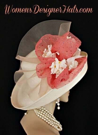 Ladies Wide Brim Ivory Coral Designer Kentucky Derby Hat Flowers Af32 - Image 2