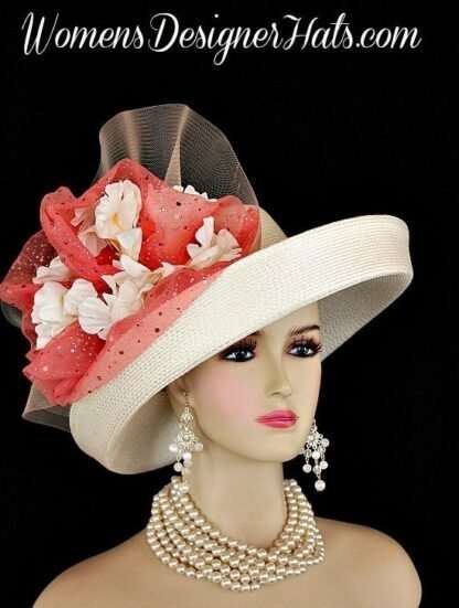 Ladies Wide Brim Ivory Coral Designer Kentucky Derby Hat Flowers Af32