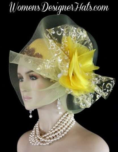 Yellow White Metallic Gold Couture Designer Pillbox Wedding Bridal Hat Cocktail Hat Headpiece - Image 3