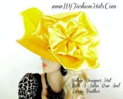 Sunny Bright Yellow Big Brim Preakness Stakes Hat, Hats For Horse Races, Formal Wedding Bridal Dress Hat, Satin Big Bow Fashion Hat, Nadia