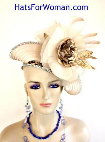 Couture Sculptured Statement Hat Wedding Ivory Beige Metallic Gold, Formal Church Dress Designer Hats 9b6 - Image 5