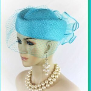 Women's Turquoise Blue Pillbox Formal Wedding Hat With A Birdcage Veil, Couture Dress Church Vintage Style Millinery 48hd