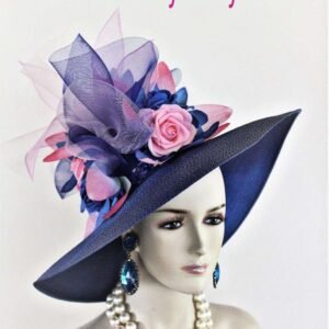 Women's Couture Statement Royal Blue Soft Baby Pink Wide Brim Fashion Church Hat, Designer Kentucky Derby Hats, Royal Ascot Melbourne, Gino
