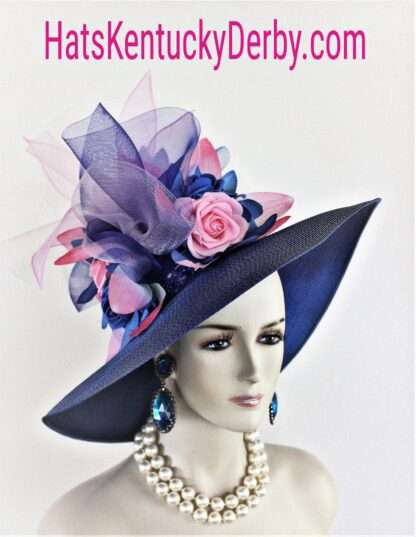 Women's Couture Statement Royal Blue Soft Baby Pink Wide Brim Fashion Church Hat, Designer Kentucky Derby Hats, Royal Ascot Melbourne, Gino