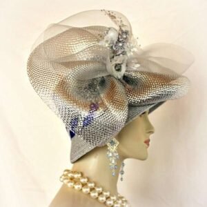Luxury Designer Hats For Women, Metallic Silver Grey Royal Blue Hat, Formal Church Hats, NYFashionHats Custom Millinery Headwear For Women