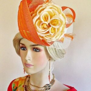 Premium Motf Ivory Soft Beige Orange Pillbox Wedding Church Formal Hat, Couture Designer Hats For Women, Motf Premium Statement Hat, Gia