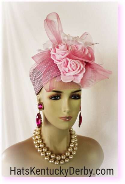 Couture Pink Kentucky Derby Oaks Pillbox Hat With Orchids, Designer Wedding Bridal Brides Headpiece, Statement Hats For Horse Races 8496