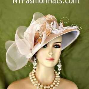 Motf Premium Collection Women's Champagne Beige Satin Hat, Temple Church Wedding Hat, Kentucky Derby NY Fashion Hats Couture Millinery Edna