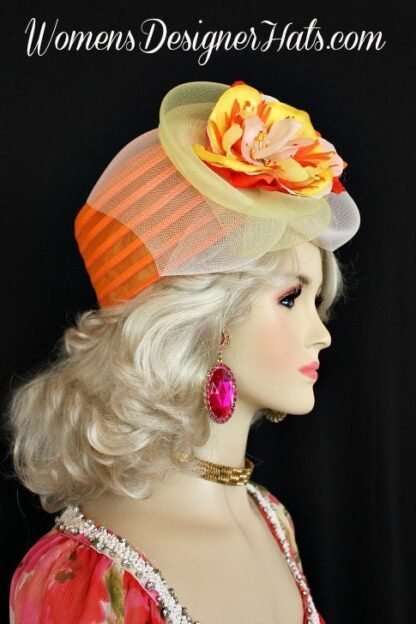 Cocktail Hat Orange Yellow Flapper Headpiece, Women's Designer Hats Pillbox Q221 - Image 3