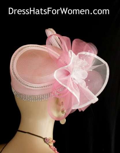 Women's Pink White Designer Cocktail Wedding Pillbox Hat Rhinestone Flowers, Kentucky Derby Church Bridal Hats Q12 - Image 2