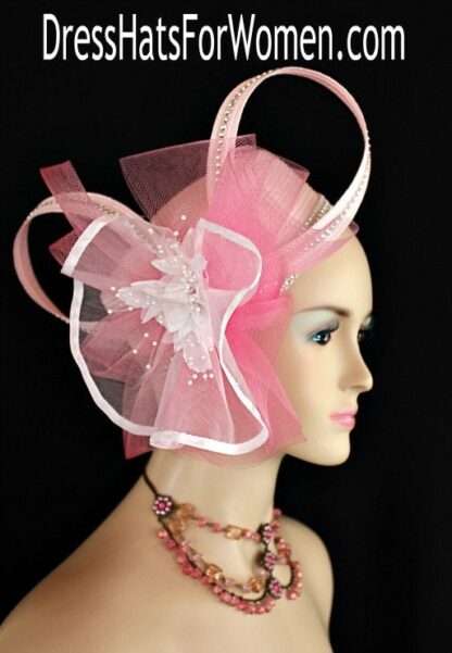 Women's Pink White Designer Cocktail Wedding Pillbox Hat Rhinestone Flowers, Kentucky Derby Church Bridal Hats Q12