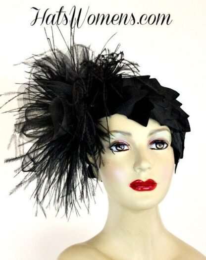 Black Sinamay Straw Cloche Flapper Vintage Wedding Bridal Cocktail Pillbox Hat, Designer Fashion Kentucky Derby Hats Feathers - Image 3