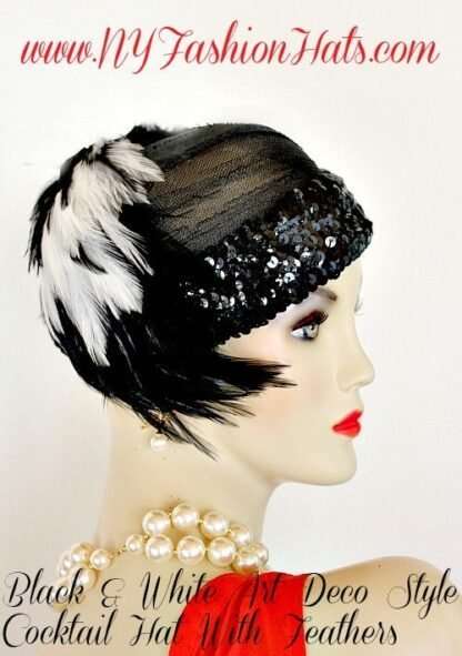 Ladies Black White Flapper Deco Feather Cocktail Pillbox Hat, Ny Fashion Hats