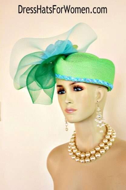 Luxury Pillbox Wedding Hats, Mother Of The Bride Hat, Hats For Formals Weddings Dress Parties, Lime Kelly Green Baby Turquoise Blue Hat - Image 3