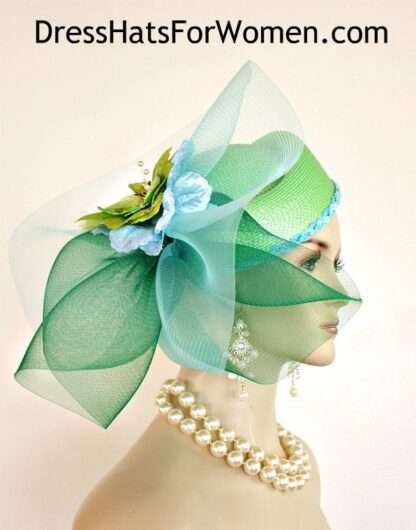 Luxury Pillbox Wedding Hats, Mother Of The Bride Hat, Hats For Formals Weddings Dress Parties, Lime Kelly Green Baby Turquoise Blue Hat