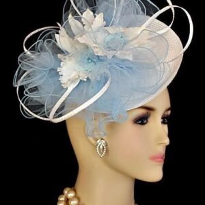Hats For Horse Races, White Baby Blue Saucer Hat Wedding Fascinator, Kentucky Derby Hats, Royal Ascot Hat, NYFashionHats Haute Couture Hat