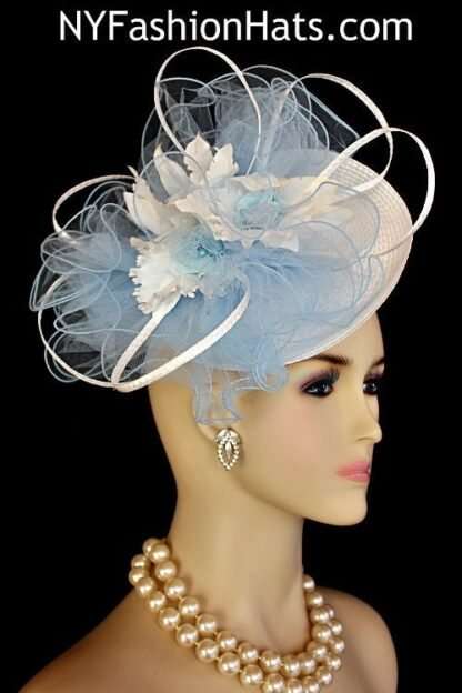 Hats For Horse Races, White Baby Blue Saucer Hat Wedding Fascinator, Kentucky Derby Hats, Royal Ascot Hat, NYFashionHats Haute Couture Hat