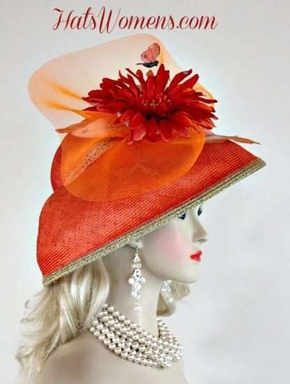 Ladies Coral Orange Metallic Gold Straw Lampshade Wide Brim Kentucky Derby Hat, Church Bridal Wedding Formal Hats