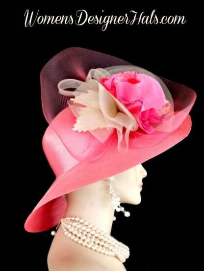 Hot Pink Ivory Wide Brim Couture Designer Hat Fashion Wedding Hats 744 - Image 3