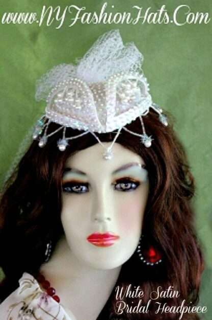 Women's Pink Satin Beaded Pearl Wedding Veil Headpiece Cocktail Hat - Image 5