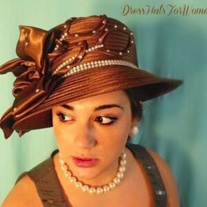 Formal Brown Satin Couture Designer Hat, Church Hats, Kentucky Derby Hats, Hats For Horse Races, NY Fashion Hats Millinery Apparel, Karan