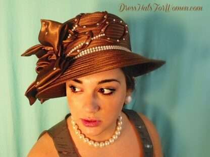 Formal Brown Satin Couture Designer Hat, Church Hats, Kentucky Derby Hats, Hats For Horse Races, NY Fashion Hats Millinery Apparel, Karan